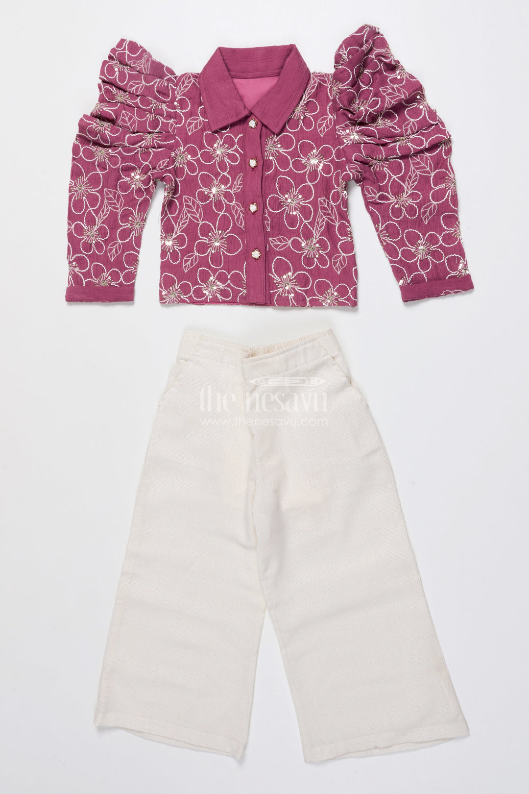 The Nesavu Girls Co-Ord Sets Girls Embroidered Co-Ord Set for Birthdays and Festive Events Nesavu Nesavu girls embroidered co-ord set puff sleeve top wide-leg pants festive birthdays