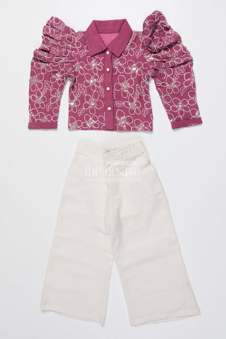 The Nesavu Girls Co-Ord Sets Girls Embroidered Co-Ord Set for Birthdays and Festive Events Nesavu Nesavu girls embroidered co-ord set puff sleeve top wide-leg pants festive birthdays
