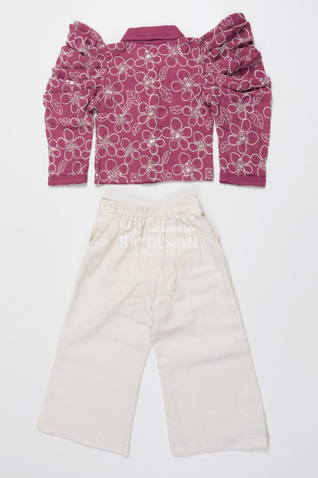 The Nesavu Girls Co-Ord Sets Girls Embroidered Co-Ord Set for Birthdays and Festive Events Nesavu Nesavu girls embroidered co-ord set puff sleeve top wide-leg pants festive birthdays