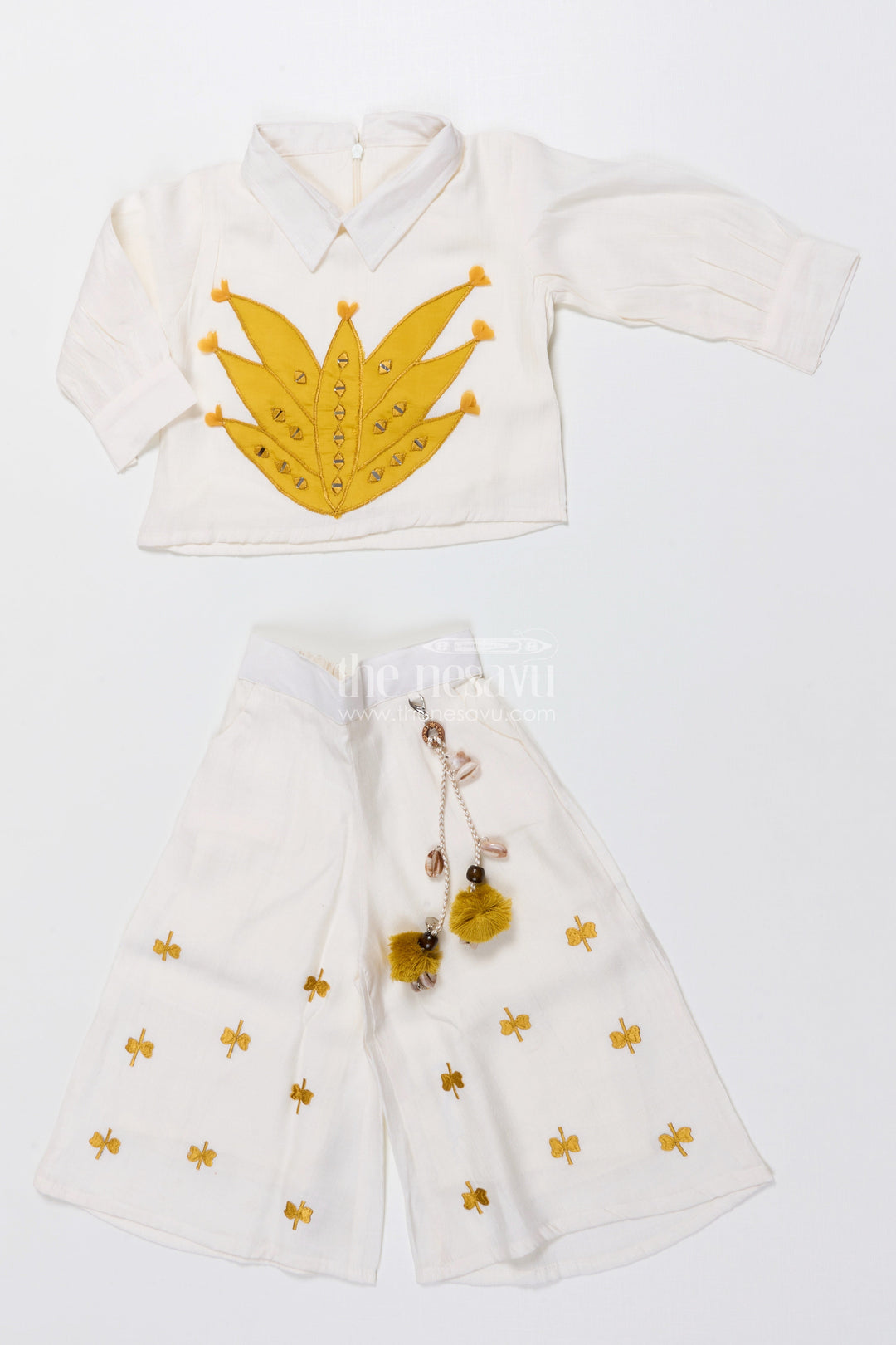 The Nesavu Girls Co-Ord Sets Girls Embroidered Co-Ord Set with Tassel Detail for Festive Wear and Ethnic Day Nesavu 18 (2Y) / Yellow GPS902A-18 Nesavu embroidered co-ord set girls tassel detail festive wear school family functions