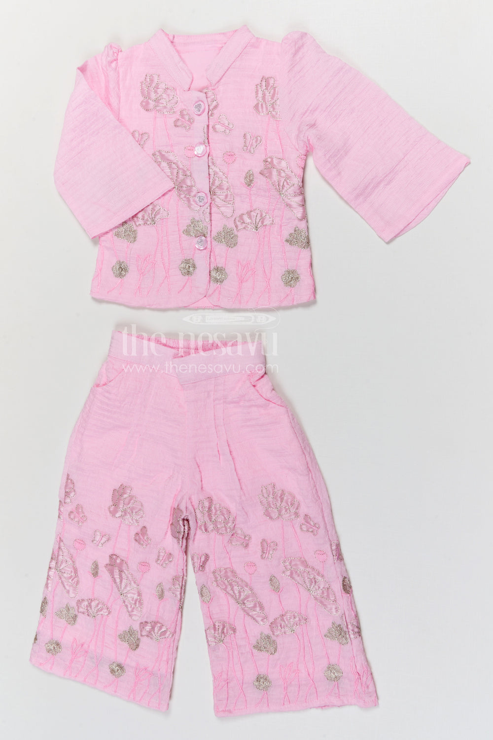 The Nesavu Girls Co-Ord Sets Girls Embroidered Cotton Co Ord Set for Summer Outings and Casual Wear Nesavu 18 (2Y) / Pink / Cotton Blend GCS032A-18 Nesavu girls tissue cotton embroidered co ord set for summer outings and casual wear