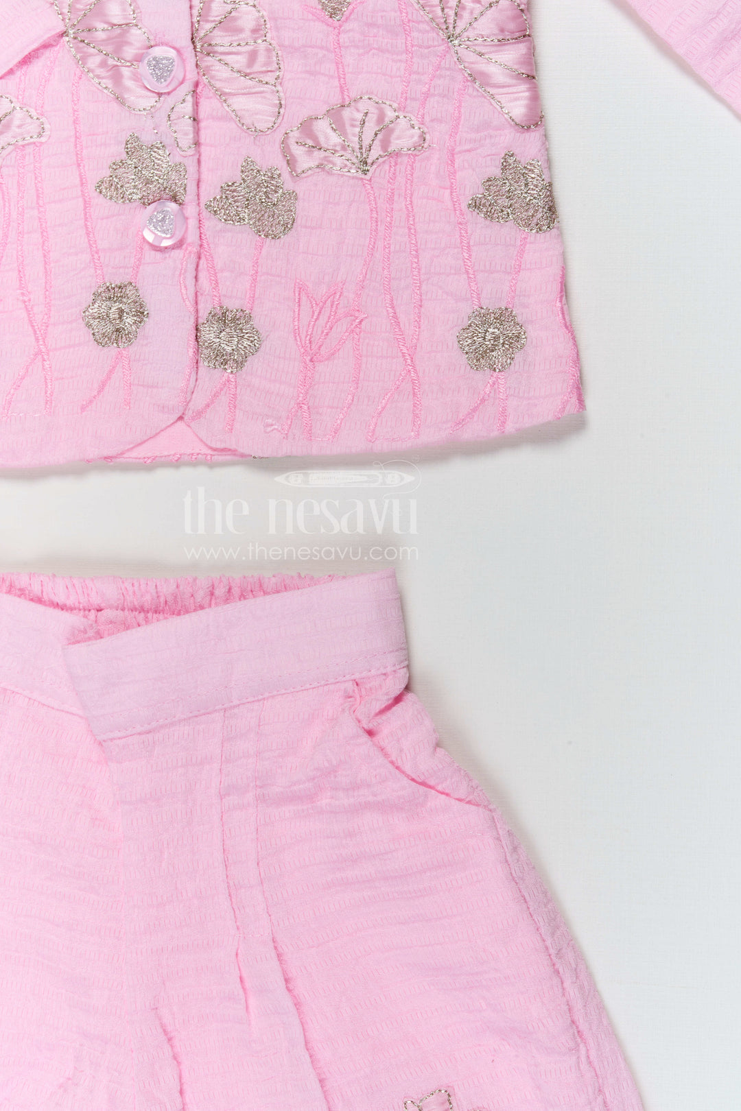 The Nesavu Girls Co-Ord Sets Girls Embroidered Cotton Co Ord Set for Summer Outings and Casual Wear Nesavu Nesavu girls tissue cotton embroidered co ord set for summer outings and casual wear