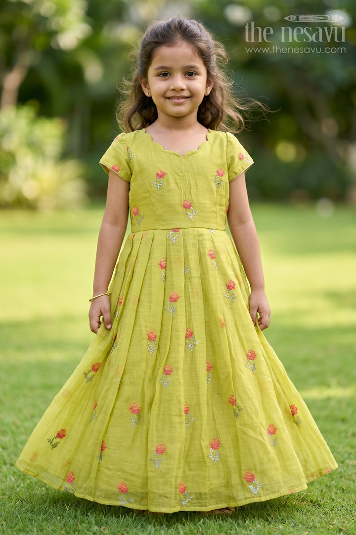 The Nesavu Girls Casual Gown Girls Embroidered Cotton Gown for Festive Family Celebrations Nesavu 18 (2Y) / Green / Chanderi GA401A-18 Nesavu Girls Embroidered Cotton Gown For Festive Celebrations And Birthday Party Wear For Kids