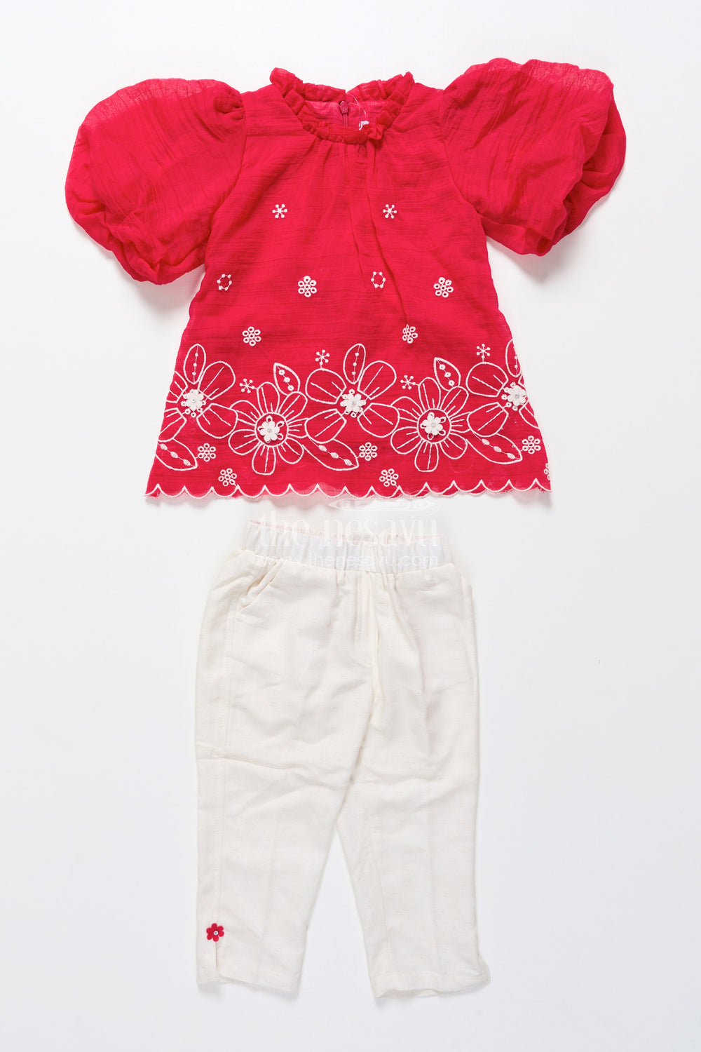 The Nesavu Girls Co-Ord Sets Girls Embroidered Cotton Plazo Set for Festive and Cultural Events Nesavu 18 (2Y) / Red GPS381F-18 Nesavu girls embroidered plazo set traditional wear poojas cultural functions