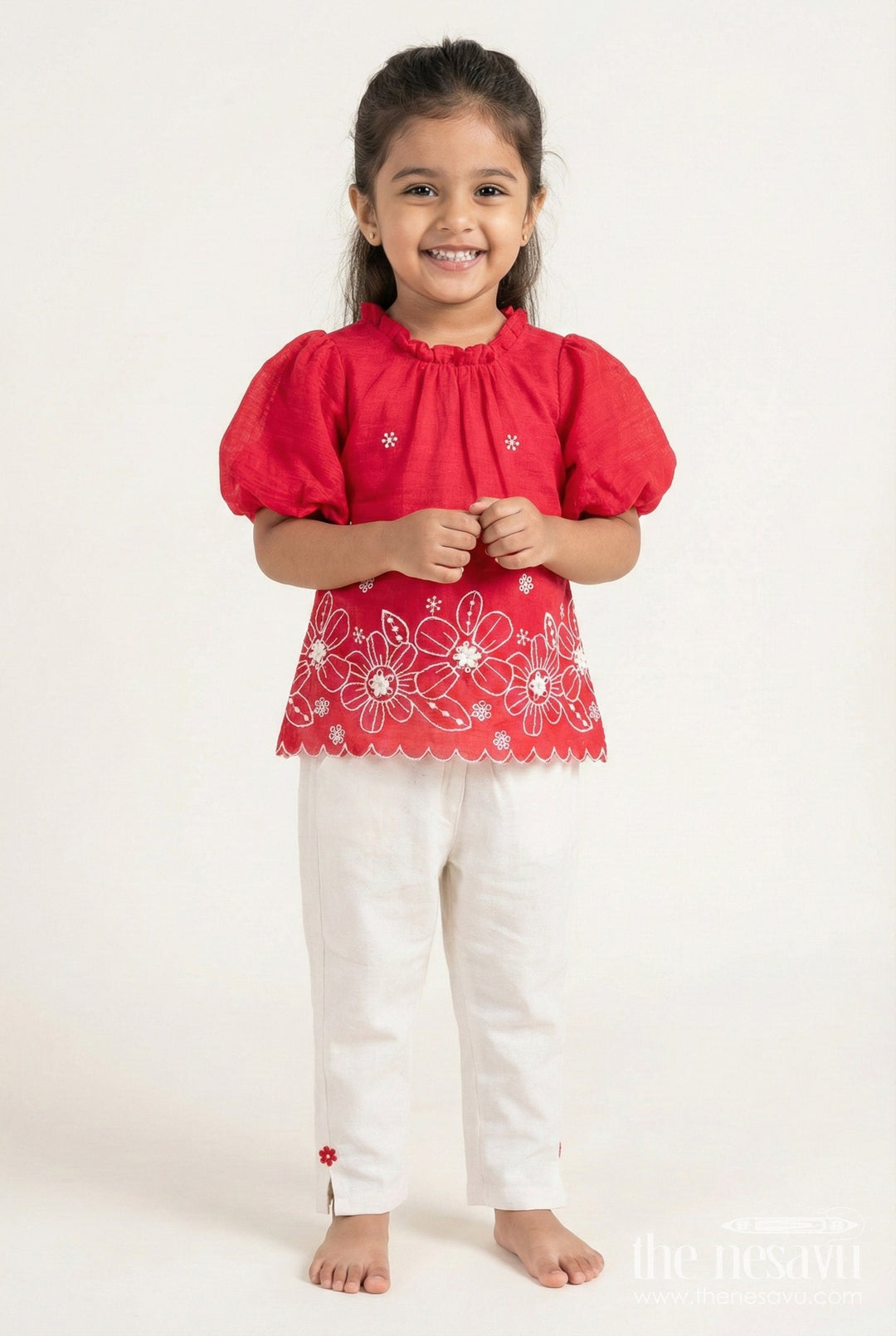 The Nesavu Girls Co-Ord Sets Girls Embroidered Cotton Plazo Set for Festive and Cultural Events Nesavu 18 (2Y) / Red GPS381F-18 Nesavu girls embroidered plazo set traditional wear poojas cultural functions