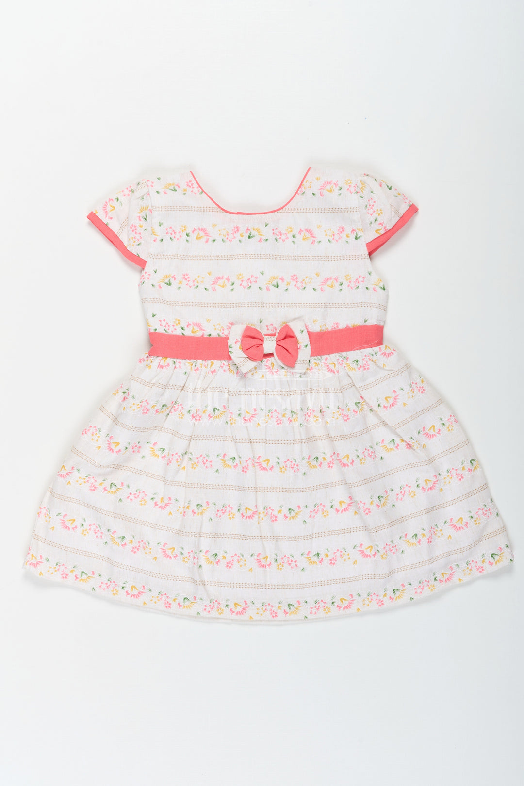 The Nesavu Baby Cotton Frocks Girls Embroidered Floral Frock in Blend Cotton with Short Sleeves and Coral Bow Belt Nesavu 14 (6M) / Red BFJ750B-14 Girls Floral Embroidered Frock Cotton Blend Coral Bow Short Sleeves | The Nesavu