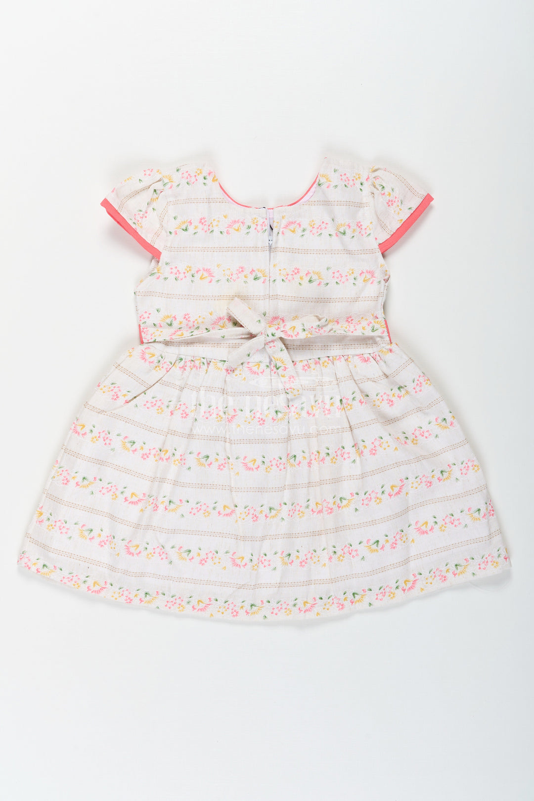 The Nesavu Baby Cotton Frocks Girls Embroidered Floral Frock in Blend Cotton with Short Sleeves and Coral Bow Belt Nesavu Girls Floral Embroidered Frock Cotton Blend Coral Bow Short Sleeves | The Nesavu