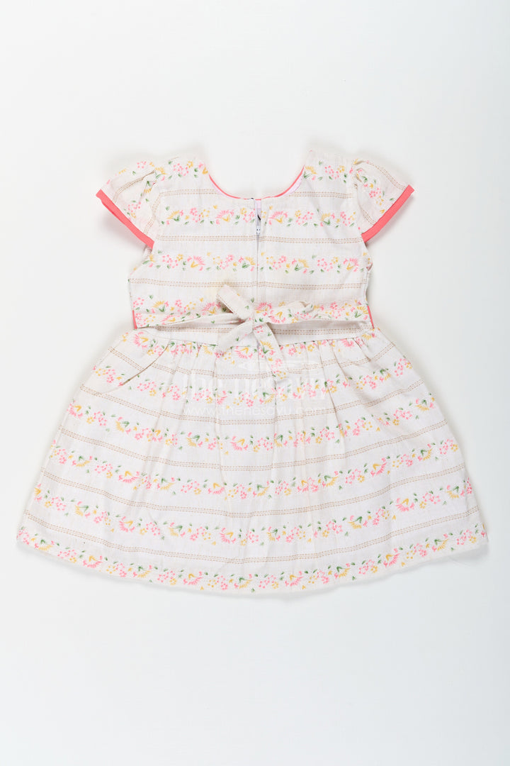 The Nesavu Baby Cotton Frocks Girls Embroidered Floral Frock in Blend Cotton with Short Sleeves and Coral Bow Belt Nesavu Girls Floral Embroidered Frock Cotton Blend Coral Bow Short Sleeves | The Nesavu