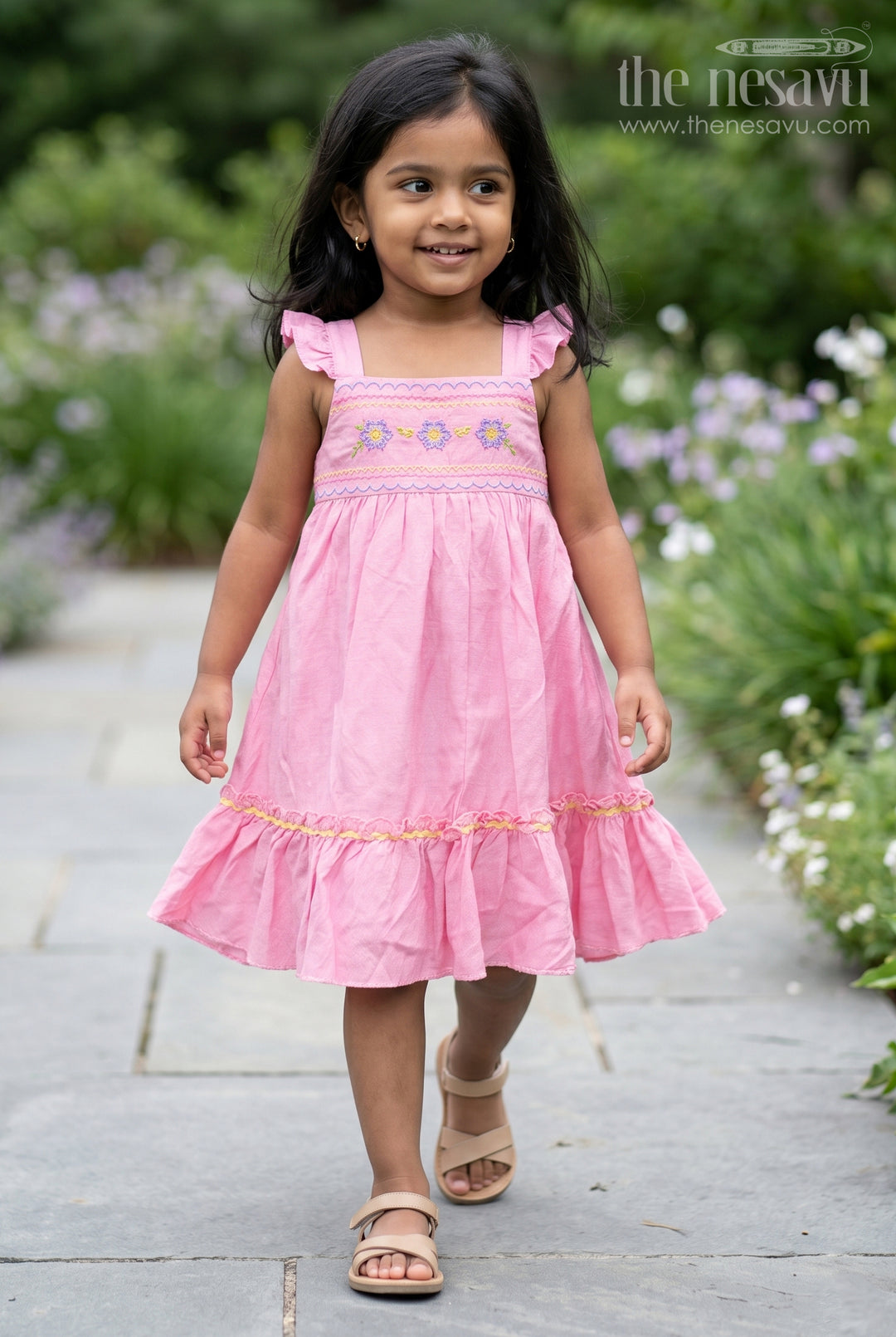 The Nesavu Girls Cotton Frock Girls Embroidered Frock for Birthdays and Festive Gatherings Nesavu 20 (3Y) / Pink / Cotton GFC2250A-20 Nesavu Girls Embroidered Cotton Blend Frock For Birthday Parties And Festive Family Occasions