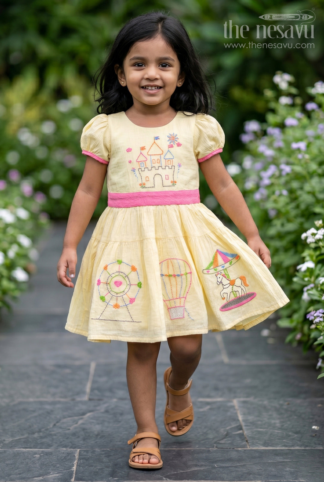The Nesavu Girls Cotton Frock Girls Embroidered Frock for Carnival Parties and Fun Outings Nesavu 20 (3Y) / Yellow / Cotton Blend GFC2181C-20 Nesavu Girls Embroidered Cotton Frock For Carnival Parties And Playful Family Celebrations