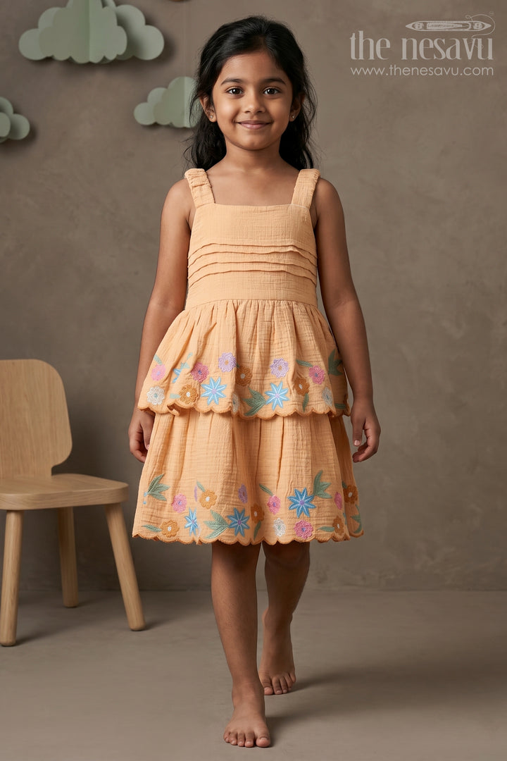 The Nesavu Girls Cotton Frock Girls Embroidered Frock for Festive Birthdays and Family Outings Nesavu 20 (3Y) / Gold / Muslin Cotton GFC2268A-20 Nesavu Girls Muslin Cotton Frock With Thread Embroidery For Birthdays And Festive Outings