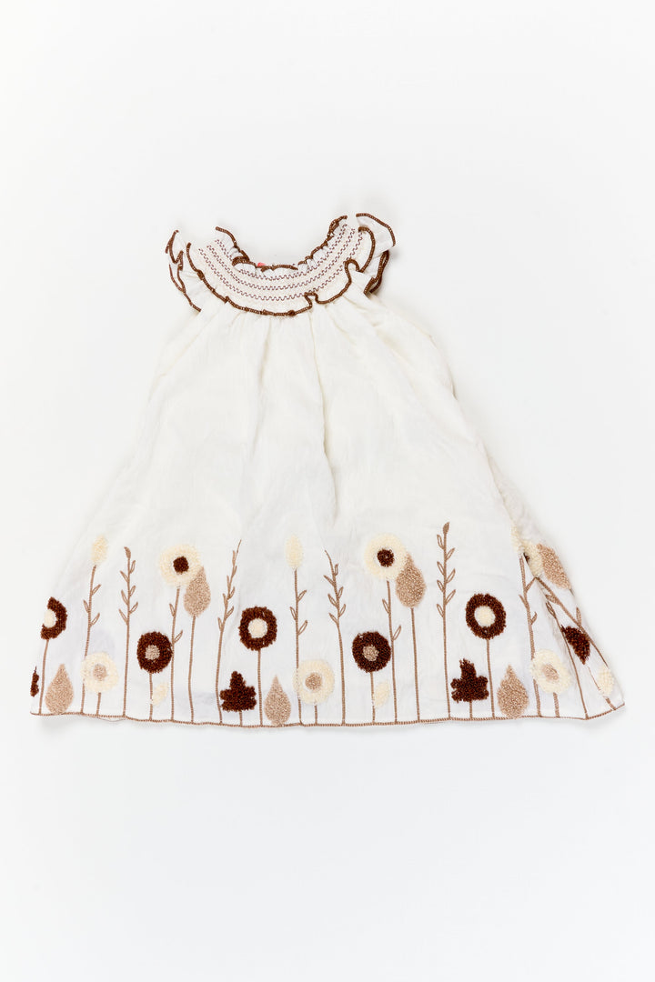 The Nesavu Girls Chanderi Frock Girls Embroidered Frock for Naming Ceremony and Milestone Events Nesavu 18 (2Y) / Half white / Chanderi GFC2109A-18 Nesavu half-white embroidered frock in viscose blend for naming ceremony and traditional functions