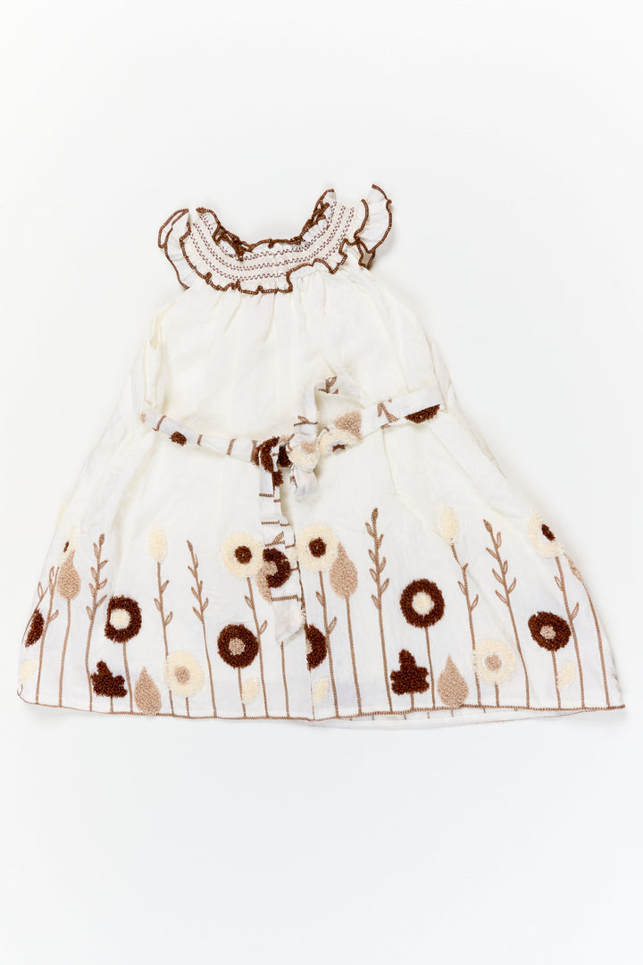 The Nesavu Girls Chanderi Frock Girls Embroidered Frock for Naming Ceremony and Milestone Events Nesavu Nesavu half-white embroidered frock in viscose blend for naming ceremony and traditional functions