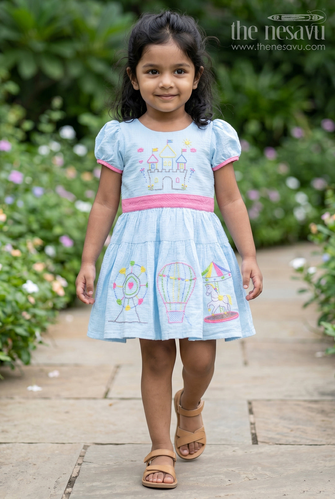 The Nesavu Girls Cotton Frock Girls Embroidered Frock for Outings and Family Celebrations Nesavu 20 (3Y) / Blue / Cotton Blend GFC2181B-20 Nesavu Girls Embroidered Cotton Blend Frock For Family Outings And Festive Occasions