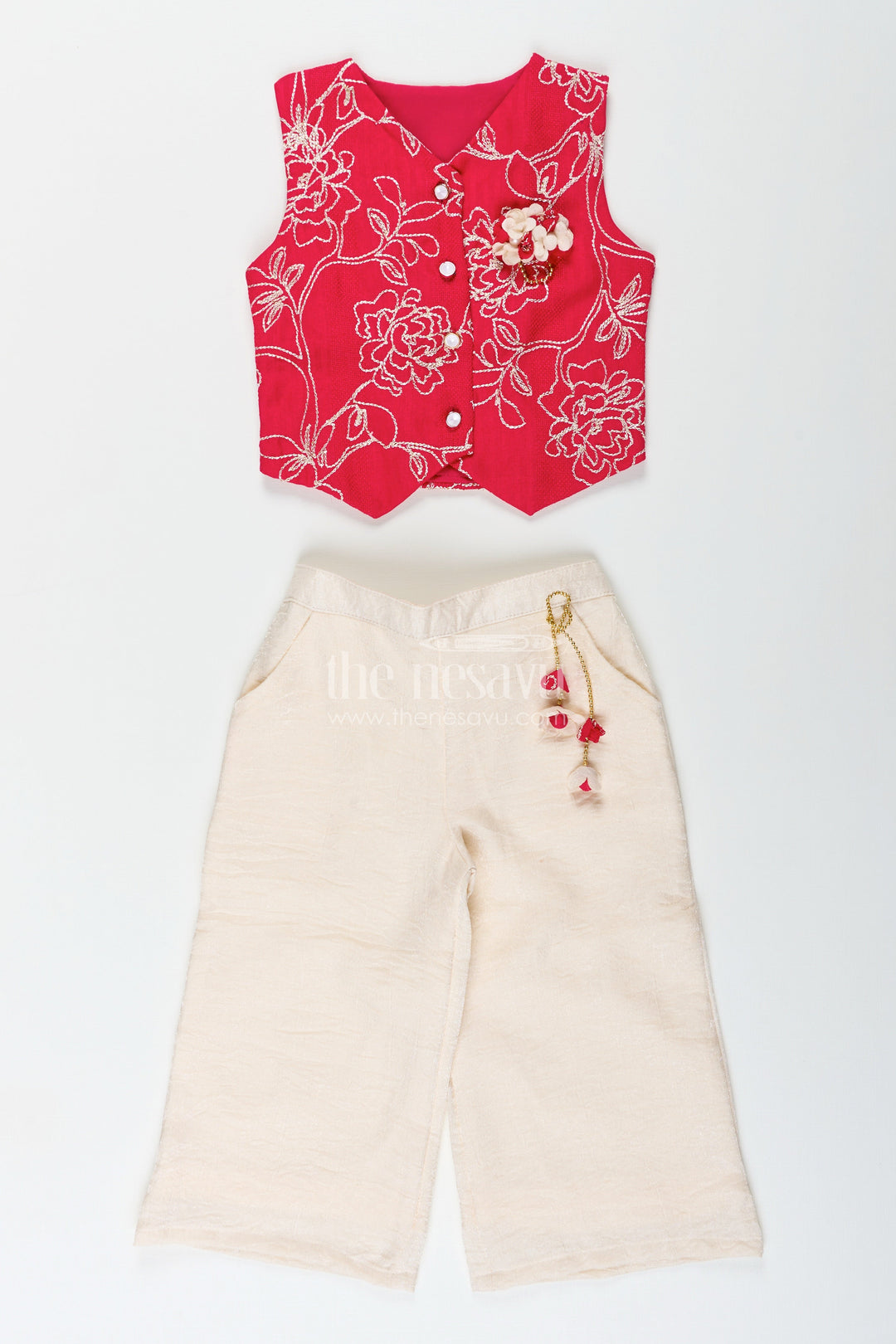 The Nesavu Girls Casual Set Girls embroidered georgette top and skirt set for casual festive wear Nesavu 18 (2Y) / Pink GPS856A-18 Nesavu girls embroidered georgette top skirt set festive casual occasions