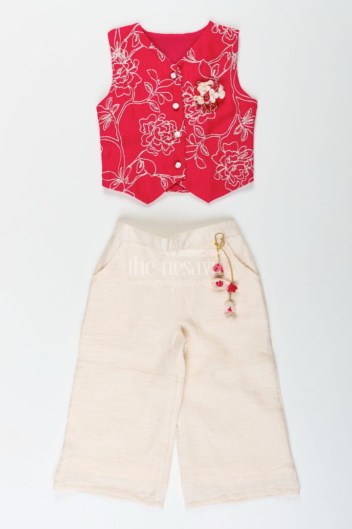 The Nesavu Girls Casual Set Girls embroidered georgette top and skirt set for casual festive wear Nesavu 18 (2Y) / Pink GPS856A-18 Nesavu girls embroidered georgette top skirt set festive casual occasions