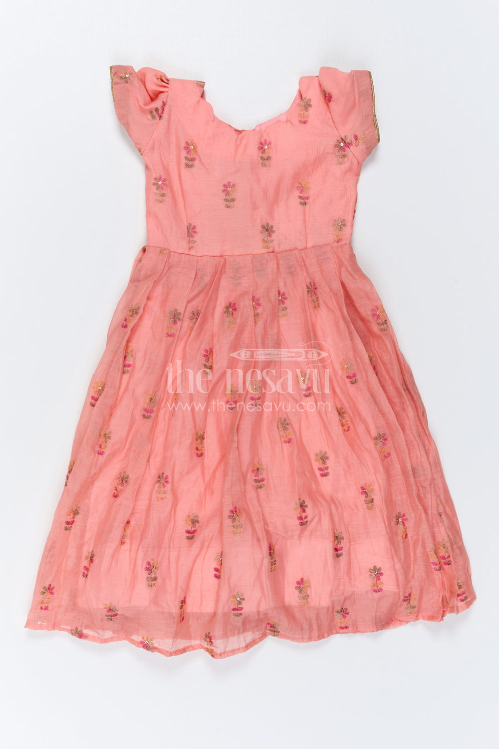 The Nesavu Girls Silk Gown Girls Embroidered Gown for Festive Evenings and Family Celebrations Nesavu 18 (2Y) / Peach / Silk GA393A-18 Nesavu Girls Embroidered Chanderi Gown For Festive Evenings And Family Celebrations