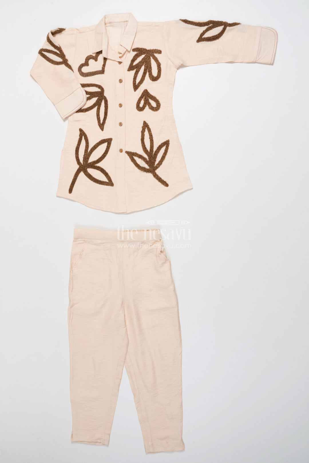 The Nesavu Girls Casual Set Girls Embroidered Kurta Palazzo Set for School Ethnic Day and Casual Celebrations Nesavu 28 (7Y) / Half white GPS785A-28 Nesavu girls shirt-style kurta palazzo set embroidery ethnic day light festive wear