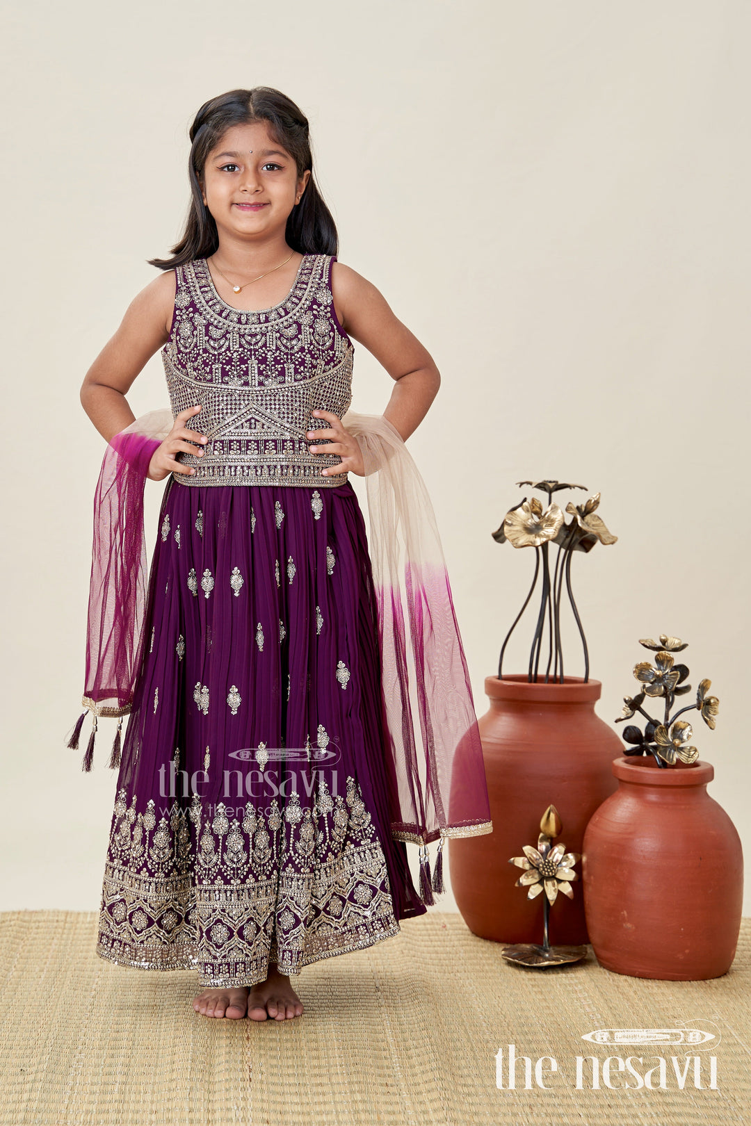 The Nesavu Girls Lehenga Choli Girls Embroidered Lehenga Choli for Weddings and Festive Occasions Nesavu 18 (2Y) / Purple GL699C-18 Nesavu Girls Embroidered Lehenga Choli Weddings Plum Georgette Festive Outfit Zari Work