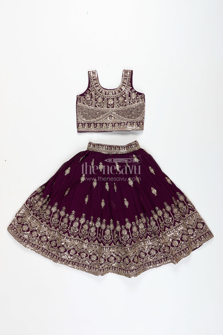The Nesavu Girls Lehenga Choli Girls Embroidered Lehenga Choli for Weddings and Festive Occasions Nesavu Nesavu Girls Embroidered Lehenga Choli Weddings Plum Georgette Festive Outfit Zari Work