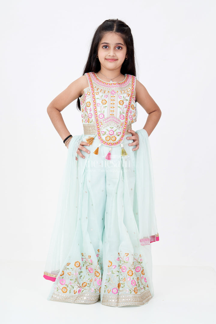 The Nesavu Girls Sharara / Plazo Set Girls Embroidered Plazo Crop Top Set in Aqua Blue with Mirror and Threadwork Details Nesavu 18 (2Y) / Turquoise GPS510B-18 Girls Aqua Blue Embroidered Plazo Crop Top Set Matching Dupatta | The Nesavu
