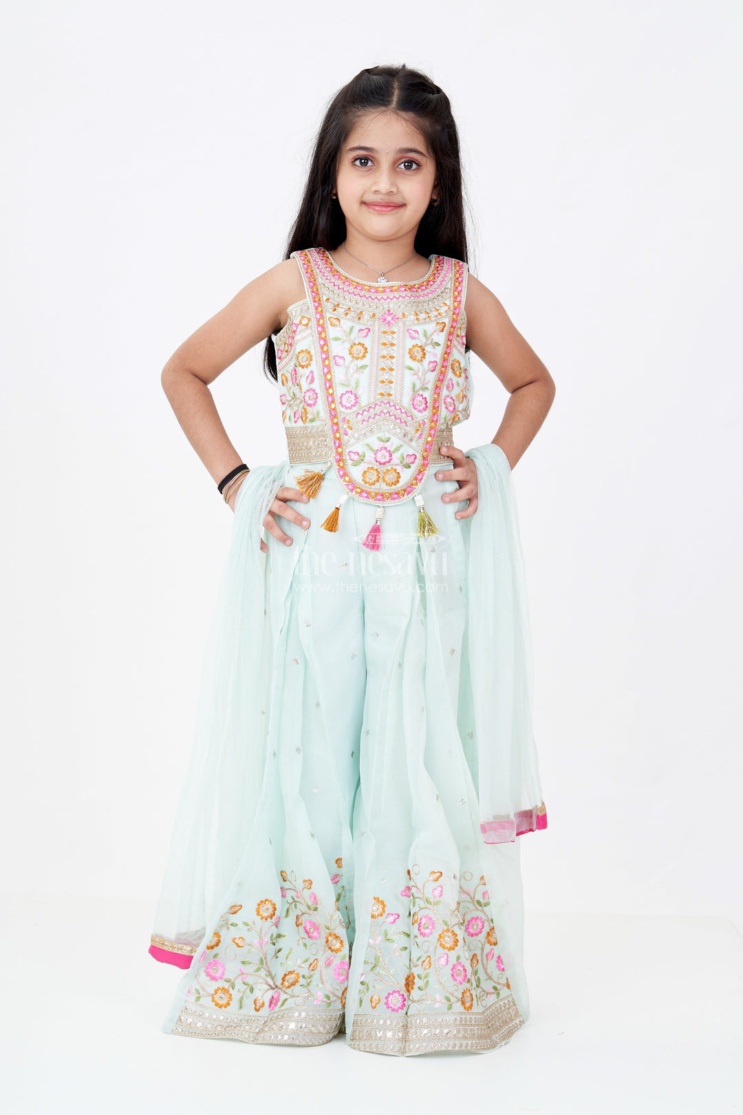 The Nesavu Girls Sharara / Plazo Set Girls Embroidered Plazo Crop Top Set in Aqua Blue with Mirror and Threadwork Details Nesavu 18 (2Y) / Turquoise GPS510B-18 Nesavu Girls Aqua Blue Embroidered Plazo Crop Top Set Matching Dupatta