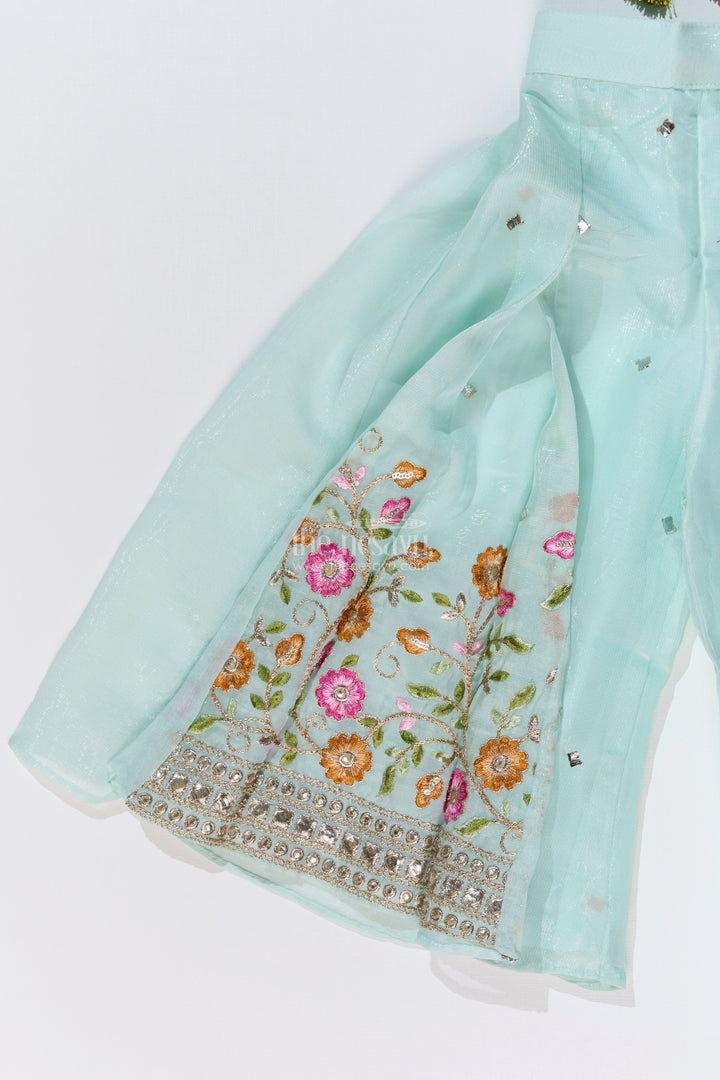 The Nesavu Girls Sharara / Plazo Set Girls Embroidered Plazo Crop Top Set in Aqua Blue with Mirror and Threadwork Details Nesavu Girls Aqua Blue Embroidered Plazo Crop Top Set Matching Dupatta | The Nesavu