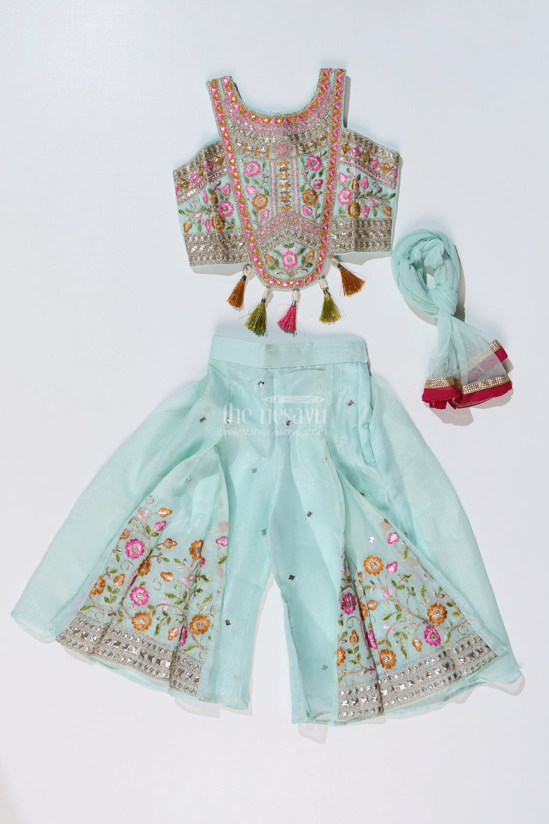 The Nesavu Girls Sharara / Plazo Set Girls Embroidered Plazo Crop Top Set in Aqua Blue with Mirror and Threadwork Details Nesavu Girls Aqua Blue Embroidered Plazo Crop Top Set Matching Dupatta | The Nesavu