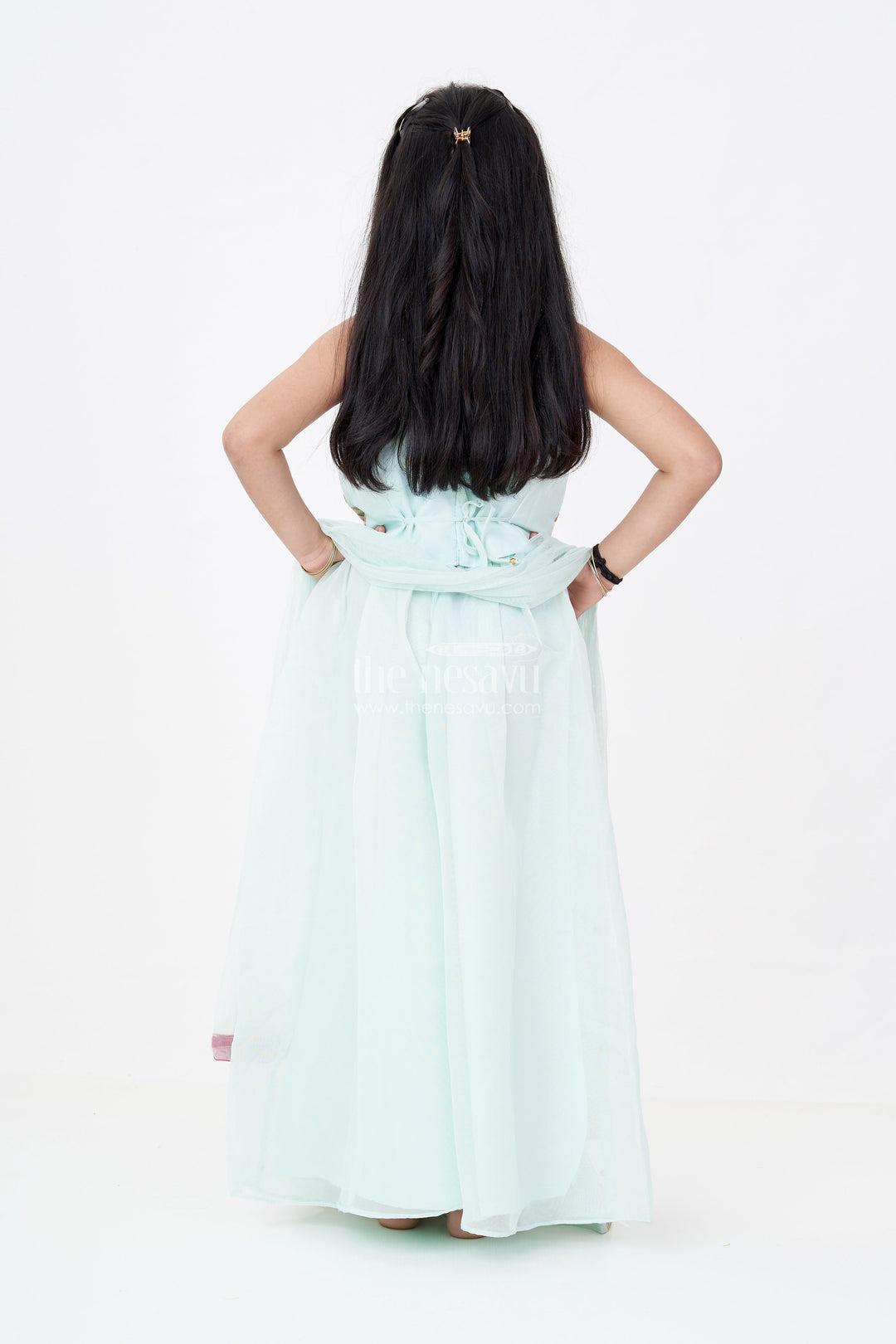 The Nesavu Girls Sharara / Plazo Set Girls Embroidered Plazo Crop Top Set in Aqua Blue with Mirror and Threadwork Details Nesavu Girls Aqua Blue Embroidered Plazo Crop Top Set Matching Dupatta | The Nesavu