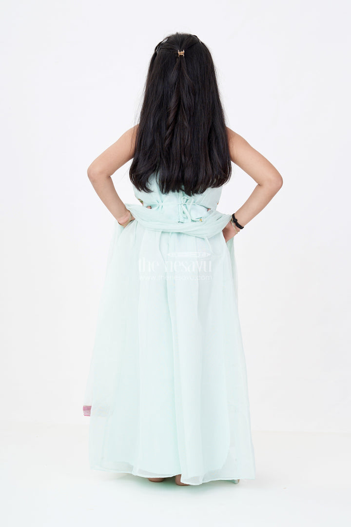 The Nesavu Girls Sharara / Plazo Set Girls Embroidered Plazo Crop Top Set in Aqua Blue with Mirror and Threadwork Details Nesavu Girls Aqua Blue Embroidered Plazo Crop Top Set Matching Dupatta | The Nesavu