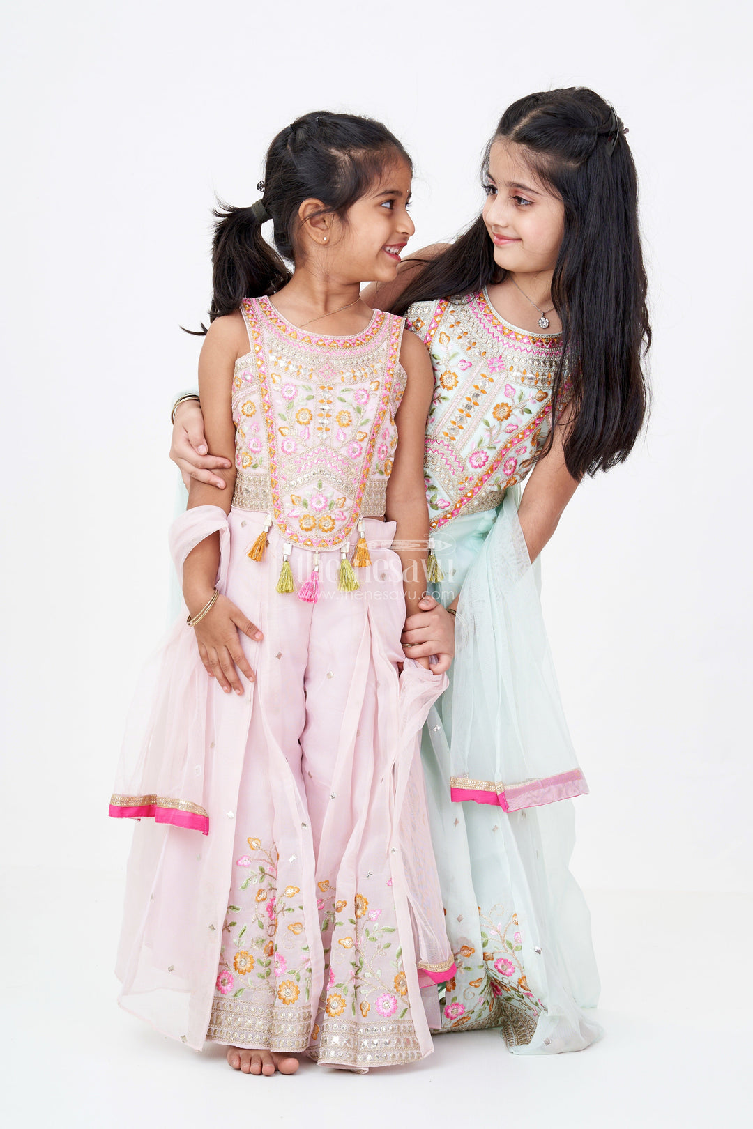 The Nesavu Girls Sharara / Plazo Set Girls Embroidered Plazo Crop Top Set in Aqua Blue with Mirror and Threadwork Details Nesavu Girls Aqua Blue Embroidered Plazo Crop Top Set Matching Dupatta | The Nesavu