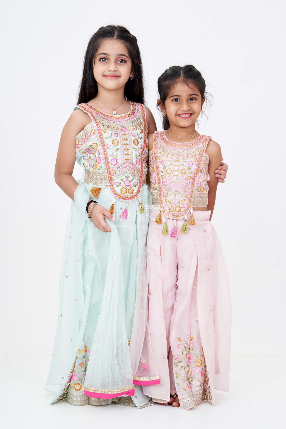 The Nesavu Girls Sharara / Plazo Set Girls Embroidered Plazo Crop Top Set in Aqua Blue with Mirror and Threadwork Details Nesavu Girls Aqua Blue Embroidered Plazo Crop Top Set Matching Dupatta | The Nesavu