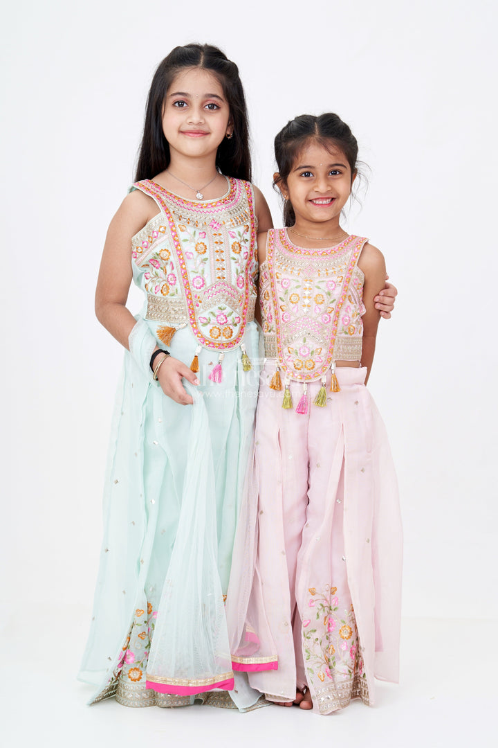 The Nesavu Girls Sharara / Plazo Set Girls Embroidered Plazo Crop Top Set in Aqua Blue with Mirror and Threadwork Details Nesavu Girls Aqua Blue Embroidered Plazo Crop Top Set Matching Dupatta | The Nesavu