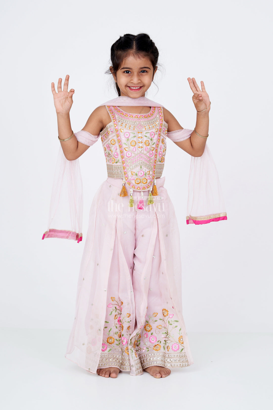 The Nesavu Girls Sharara / Plazo Set Girls Embroidered Plazo with Crop Top for Wedding in Pastel Pink with Tassel Detailing Nesavu 18 (2Y) / Pink GPS510A-18 Girls Embroidered Wedding Plazo Set Crop Top Dupatta Pastel Pink | The Nesavu