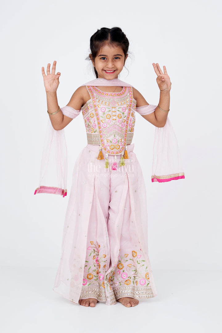 The Nesavu Girls Sharara / Plazo Set Girls Embroidered Plazo with Crop Top for Wedding in Pastel Pink with Tassel Detailing Nesavu 18 (2Y) / Pink GPS510A-18 Girls Embroidered Wedding Plazo Set Crop Top Dupatta Pastel Pink | The Nesavu