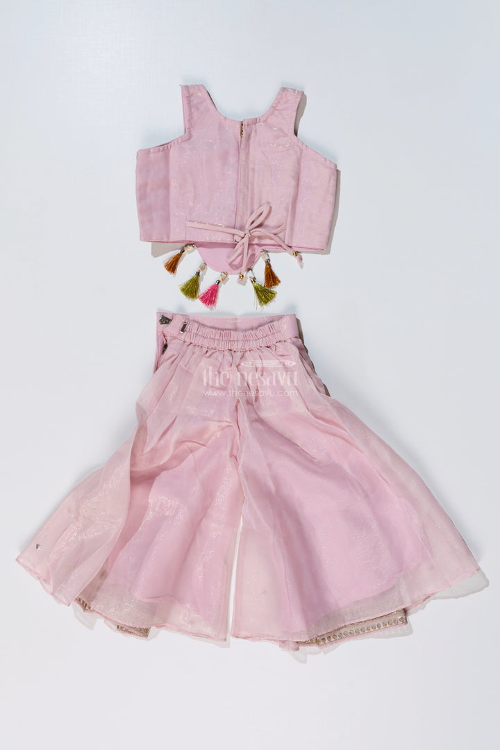 The Nesavu Girls Sharara / Plazo Set Girls Embroidered Plazo with Crop Top for Wedding in Pastel Pink with Tassel Detailing Nesavu Girls Embroidered Wedding Plazo Set Crop Top Dupatta Pastel Pink | The Nesavu