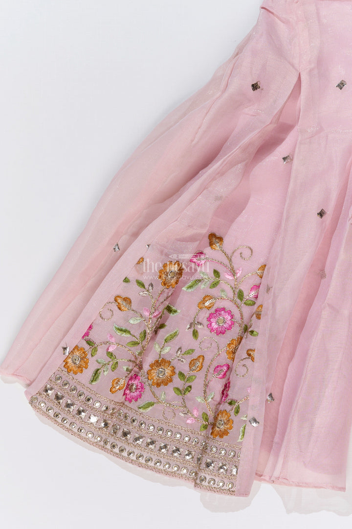 The Nesavu Girls Sharara / Plazo Set Girls Embroidered Plazo with Crop Top for Wedding in Pastel Pink with Tassel Detailing Nesavu Girls Embroidered Wedding Plazo Set Crop Top Dupatta Pastel Pink | The Nesavu