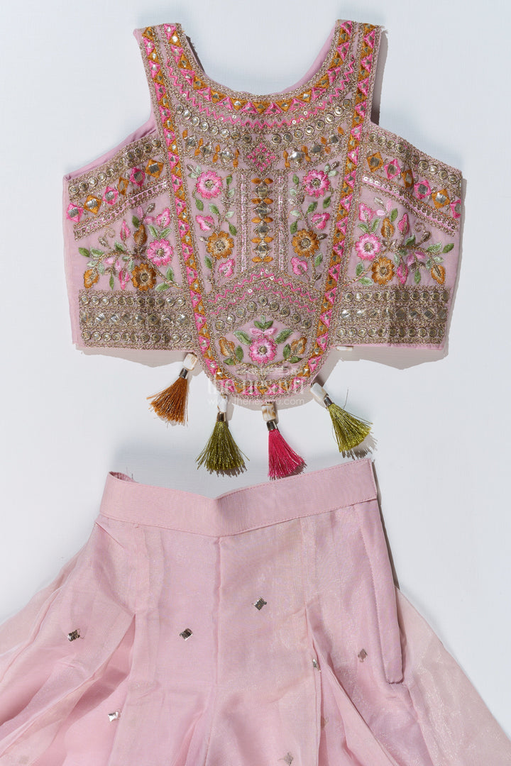 The Nesavu Girls Sharara / Plazo Set Girls Embroidered Plazo with Crop Top for Wedding in Pastel Pink with Tassel Detailing Nesavu Girls Embroidered Wedding Plazo Set Crop Top Dupatta Pastel Pink | The Nesavu