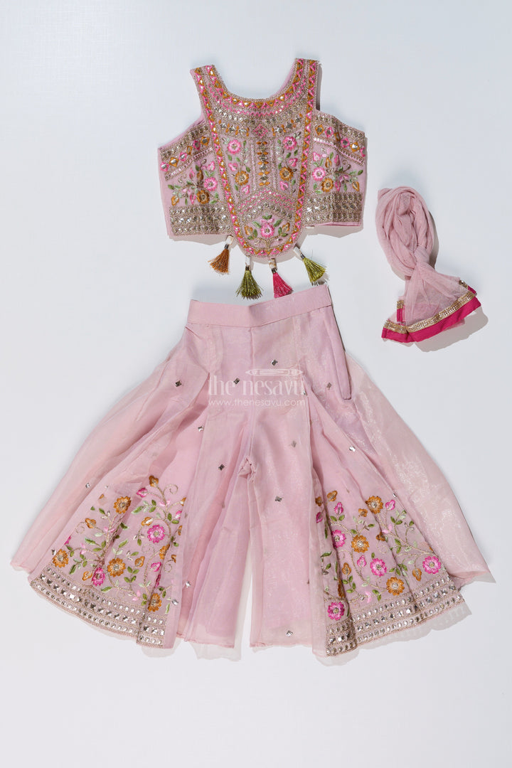 The Nesavu Girls Sharara / Plazo Set Girls Embroidered Plazo with Crop Top for Wedding in Pastel Pink with Tassel Detailing Nesavu Girls Embroidered Wedding Plazo Set Crop Top Dupatta Pastel Pink | The Nesavu