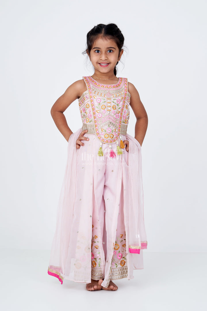 The Nesavu Girls Sharara / Plazo Set Girls Embroidered Plazo with Crop Top for Wedding in Pastel Pink with Tassel Detailing Nesavu Girls Embroidered Wedding Plazo Set Crop Top Dupatta Pastel Pink | The Nesavu