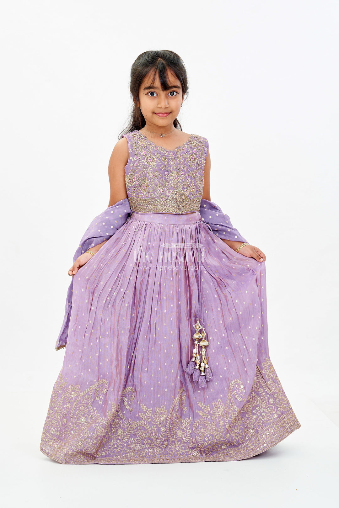 The Nesavu Girls Lehenga Choli Girls Embroidered Purple Lehenga with Floral Threadwork and Golden Border Detailing Nesavu 24 (5Y) / Maroon GL568A-24 Nesavu Girls Embroidered Purple Wedding Lehenga Gold Border Designer Dupatta