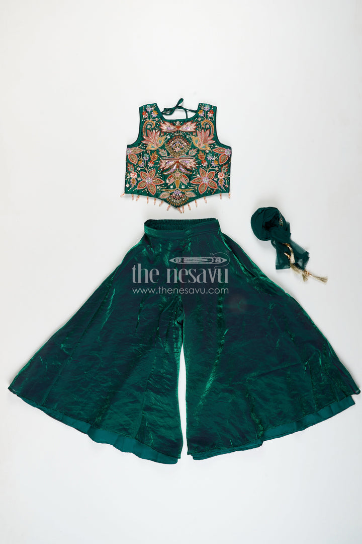 The Nesavu Girls Sharara / Plazo Set Girls embroidered sharara kurti set for festive celebrations Nesavu Nesavu girls embroidered sharara kurti set organza weddings festive wear