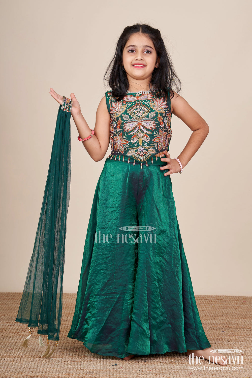 The Nesavu Girls Sharara / Plazo Set Girls Embroidered Sharara Kurti Set for Festive Celebrations Nesavu Nesavu girls embroidered sharara kurti set organza weddings festive wear