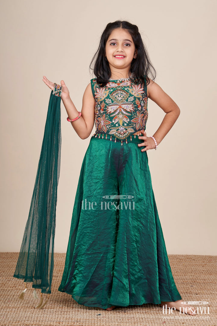 The Nesavu Girls Sharara / Plazo Set Girls Embroidered Sharara Kurti Set for Festive Celebrations Nesavu Nesavu girls embroidered sharara kurti set organza weddings festive wear