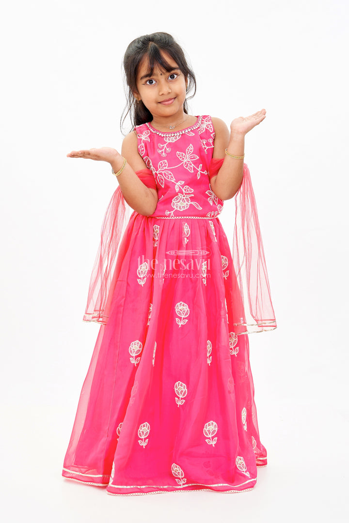 The Nesavu Girls Lehenga Choli Girls Embroidered Sharara Lehenga Choli in Red with Floral Gold Threadwork Nesavu 16 (1Y) / Pink GL570A-16 Girls Embroidered Red Sharara Lehenga Choli Gold Mirror Work | The Nesavu