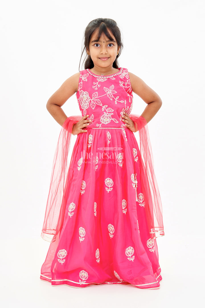 The Nesavu Girls Lehenga Choli Girls Embroidered Sharara Lehenga Choli in Red with Floral Gold Threadwork Nesavu Girls Embroidered Red Sharara Lehenga Choli Gold Mirror Work | The Nesavu