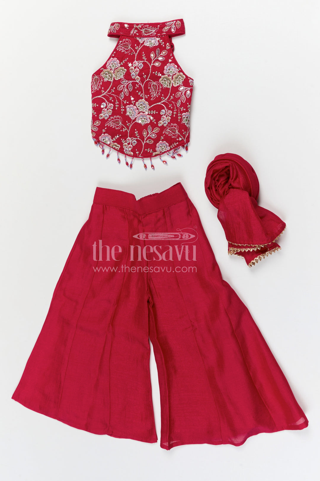 The Nesavu Girls Sharara / Plazo Set Girls Embroidered Sharara Set for Festive Celebrations and Special Occasions Nesavu Nesavu girls viscose blend silk embroidered sharara set for festive occasions