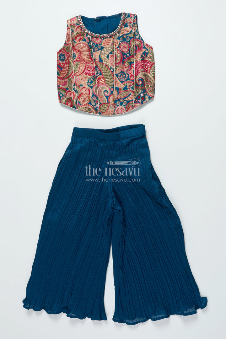 The Nesavu Girls Sharara / Plazo Set Girls Embroidered Sharara Set for School Ethnic Day and Traditional Events Nesavu 22 (4Y) / Blue GPS698A-22 Nesavu girls georgette sharara set embroidery school ethnic day festive dressing