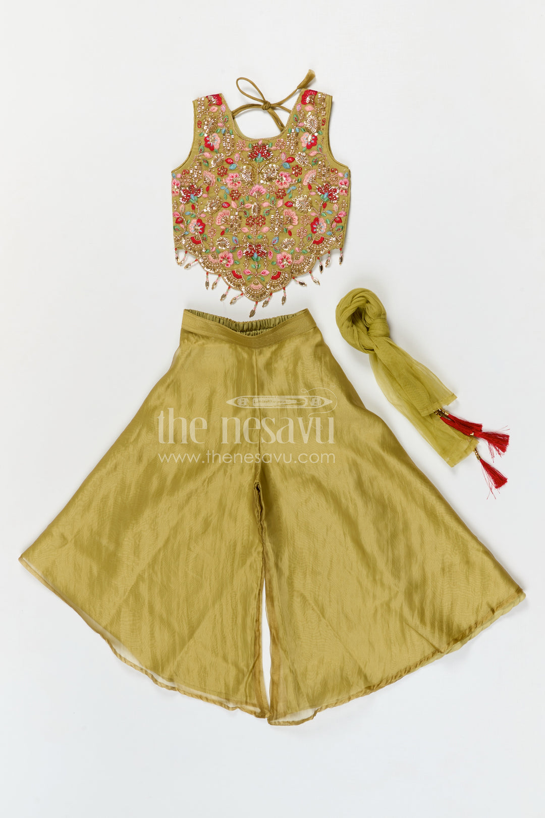 The Nesavu Girls Sharara / Plazo Set Girls Embroidered Sharara Set in Silk Blend for Festive and Wedding Wear Nesavu Nesavu girls viscose blend silk sharara set with embroidered yoke for festive wear