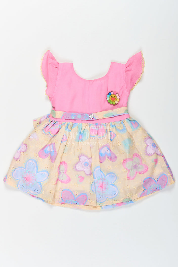 The Nesavu Girls Cotton Frock Girls Emoji Dress in Cotton with Pink Bodice and Yellow Hakoba Embroidered Printed Skirt Nesavu 14 (6M) / Pink BFJ764A-14 Nesavu Girls Emoji Dress Pink Cotton Top Yellow Hakoba Embroidered Printed Skirt
